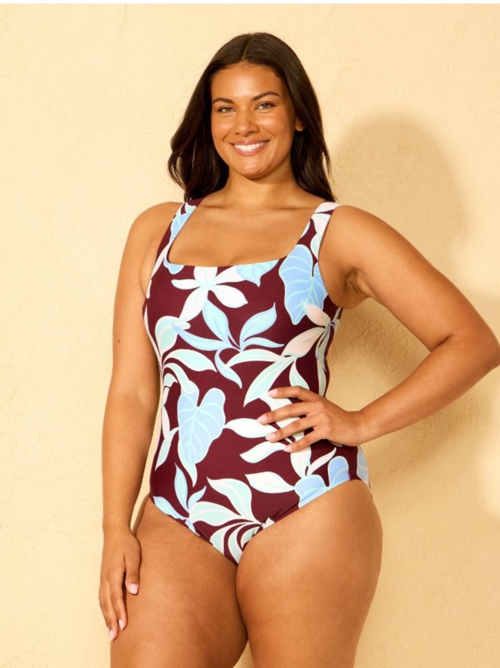 Shade & Shore Brown One-Piece Swimsuit with Light Blue Floral Print